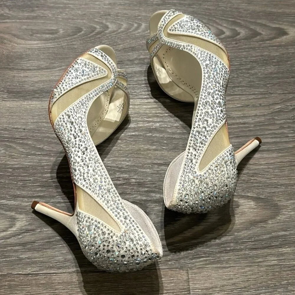 Benjamin Adams Heels 7 37.5 Prom Catherine Sparkle Duchesse Silk Wedding Peeptoe